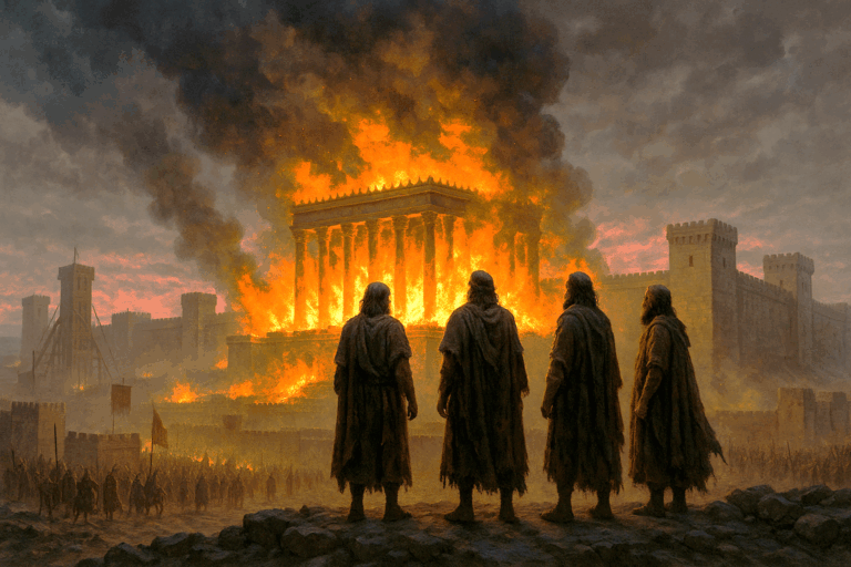Roman siege of Jerusalem with the Second Temple in flames and three Jewish zealot leaders standing on the Temple Mount.