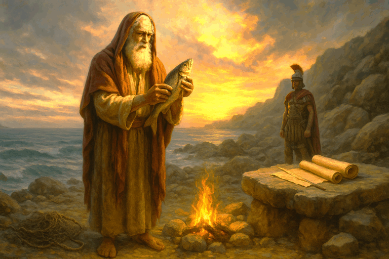 Elderly Yochanan on Patmos preparing fish by the Aegean Sea as a Roman guard watches, with scrolls ready for the Revelation.