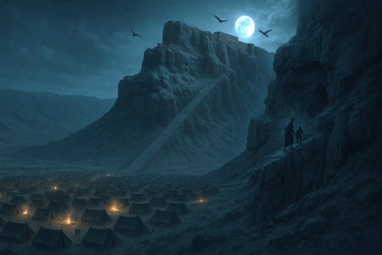 Panoramic night view of Masada fortress under siege, with Romans below and a couple escaping toward a hidden cave on the cliff.