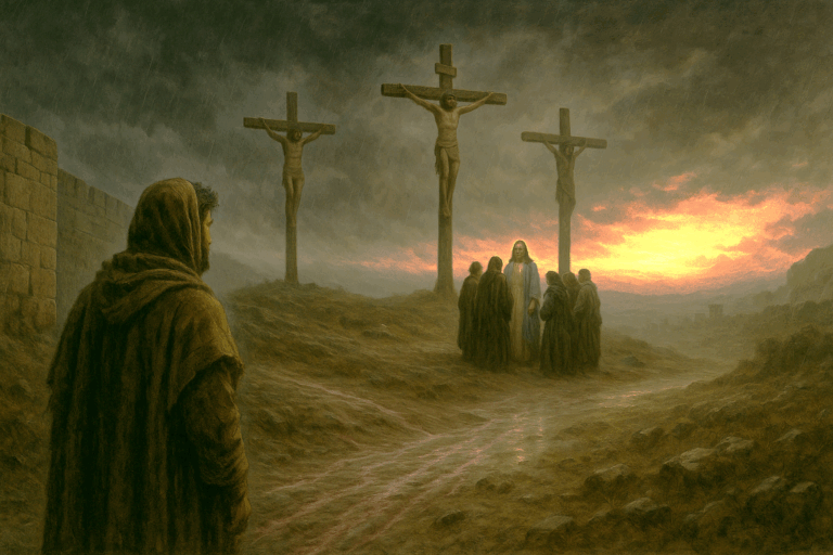 Stormy Golgotha hill with three crosses, a young Zealot watching, and Miriam standing in quiet, radiant hope as light breaks through dark clouds.