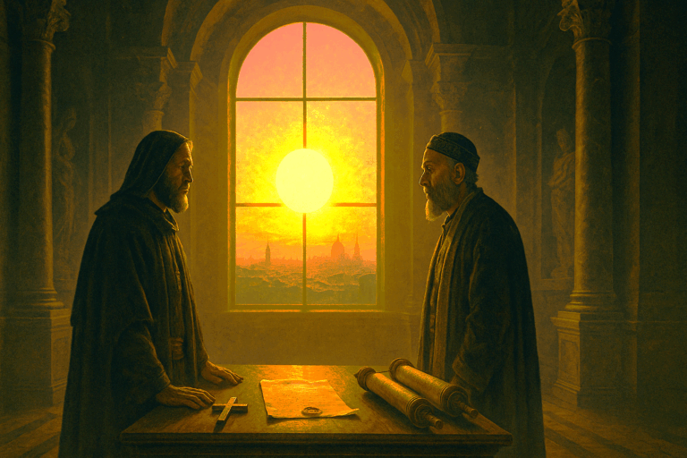 Bishop Eusebius and Rabbi Samuel stand by a basilica window in Rome as Constantine’s sealed edict lies on the table, foreshadowing the exile of Messianic Jews.