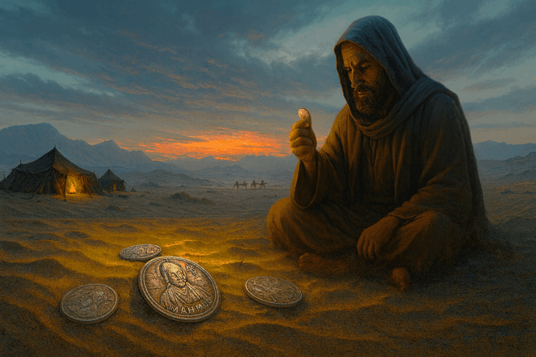 Ancient Messianic coins in the Tabuk desert at dusk, with a nomad camp and caravan in the distance.