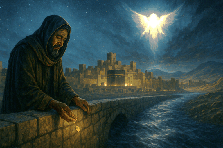 Lone robed man on a desert bridge at night dropping a coin into a rushing river beneath an ominous angelic light over an ancient city.