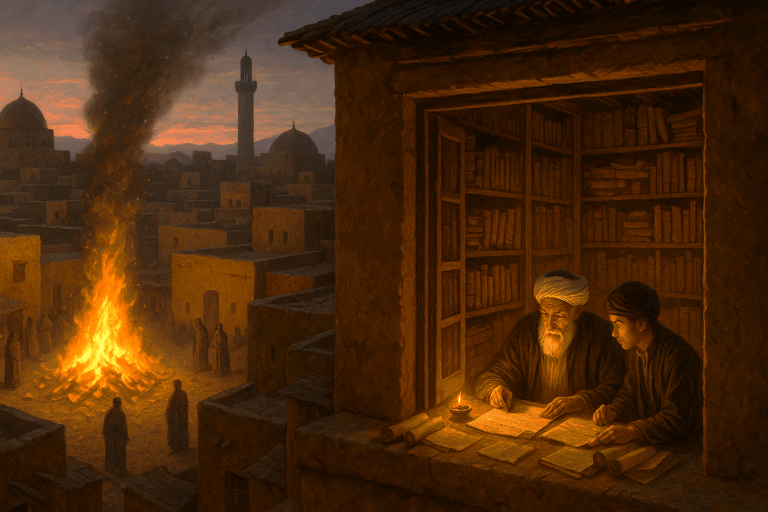A 7th-century Medina scholar and his student guard Hadith scrolls as officials burn rejected manuscripts in the city square at dusk.
