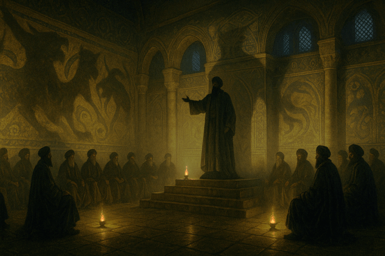 A secret council of caliphs in a dimly lit Damascus palace, their shadows stretching like beasts across mosaic walls as a dark creed is proclaimed.