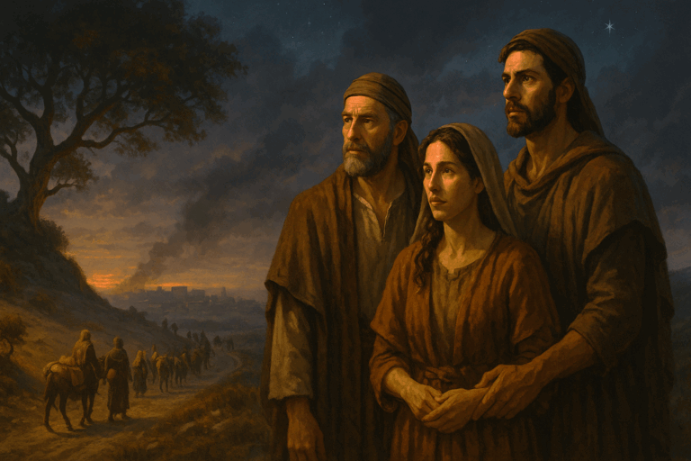 A Jewish family and small caravan leave the hills near Jerusalem at dusk during the Bar Kokhba revolt, choosing exile and life over war as smoke rises in the distance.