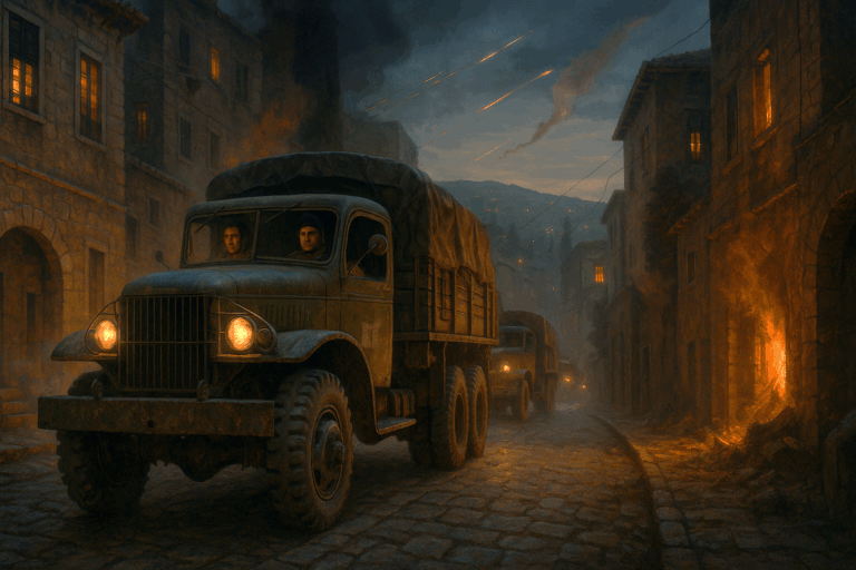 Young Jewish and Druze Haganah fighters lead a 1948 supply convoy through burning Haifa streets, symbolizing courage, brotherhood, and Israel’s rebirth.