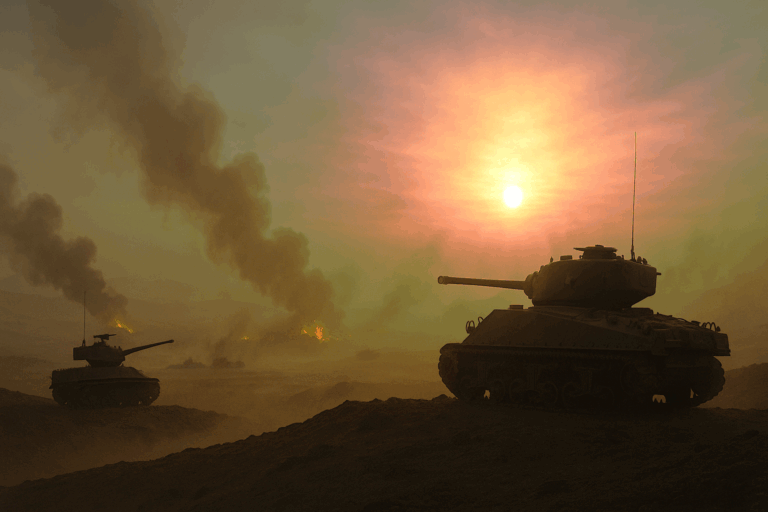 Israeli tanks hold a smoking ridge in the Sinai at dawn during the Suez Crisis, desert sky glowing with thin golden light after battle.