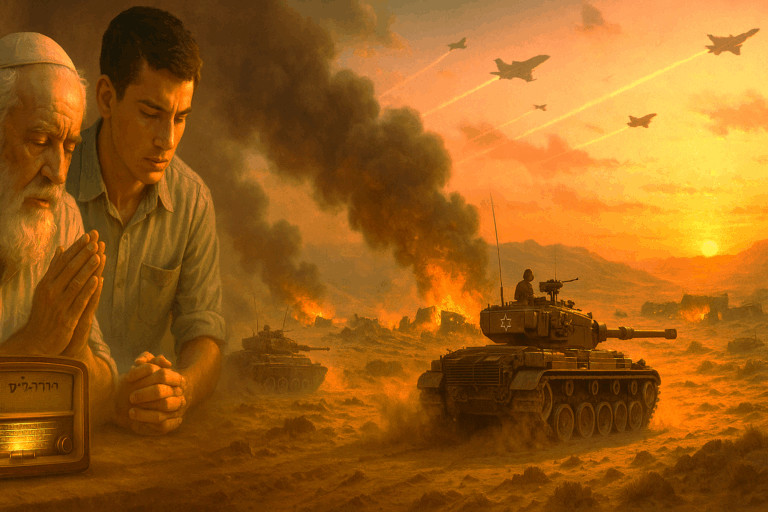 Israeli tanks advance through the Sinai at dawn as a Kol Yisrael radio glows in a family’s home during the Six Day War.