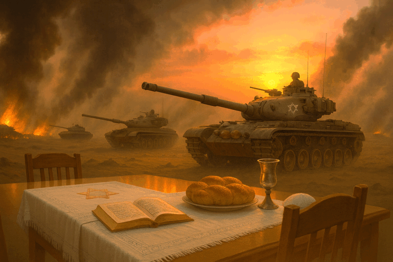 Israeli tanks advancing through smoke in the Sinai at dawn during the Yom Kippur War, with a faint reflection of a family’s Yom Kippur table.
