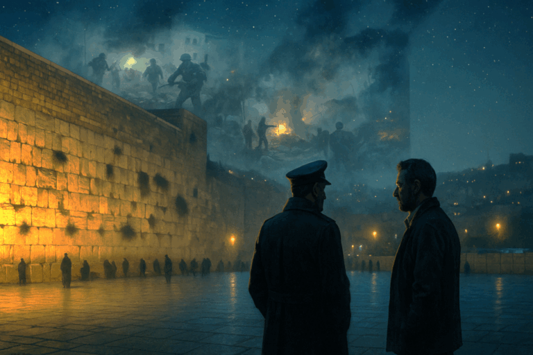 Two Israeli friends stand at the Western Wall at night, framed by news imagery of the First Intifada, torn between survival and the fate of their souls.