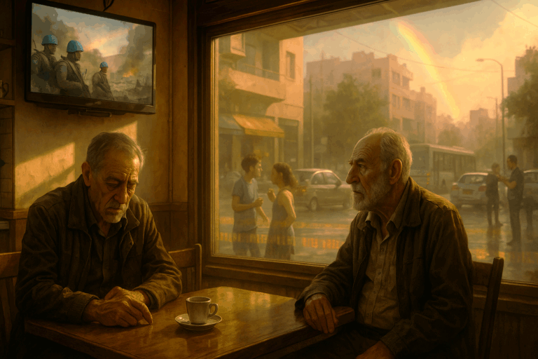 Two retired Israeli intelligence veterans sit in a Tel Aviv café, watching UN ceasefire footage on TV while life outside the window carries on.