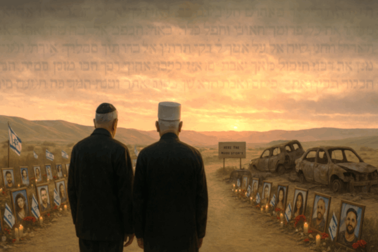 Two elderly Israeli veterans stand at the Nova festival memorial, surrounded by photos, candles, and flags under a golden Negev sky.