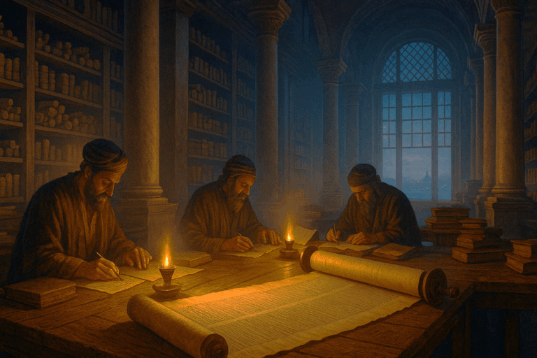 Ancient Library of Alexandria at dusk with Jewish scribes translating the Torah into Greek by lamplight.