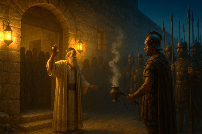 Mattathias refuses a Seleucid incense offering at the synagogue door in Modi’in as townspeople crowd behind him.