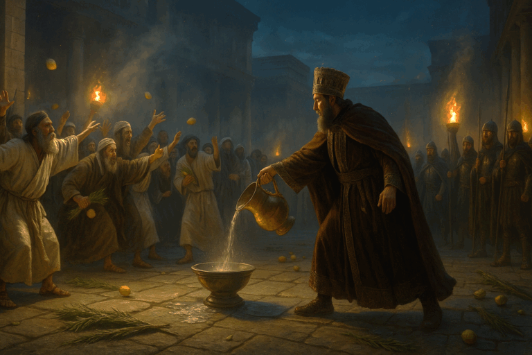 Temple courtyard at Sukkot as Jannaeus pours the libation onto the stones while Pharisees throw etrogs and guards advance.