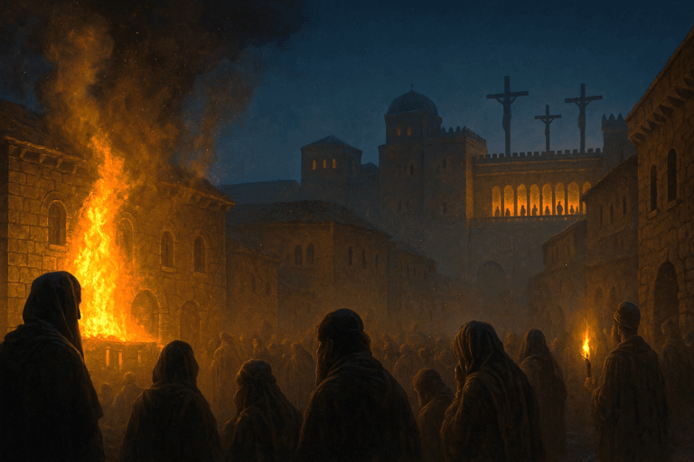 Nighttime Jerusalem under Jannaeus—burning Sadducean archive and distant crucifixes beneath an indigo sky.