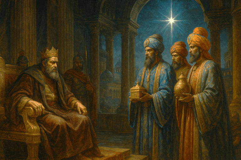 King Herod confronts the Magi in his palace as a bright star shines over ancient Jerusalem.