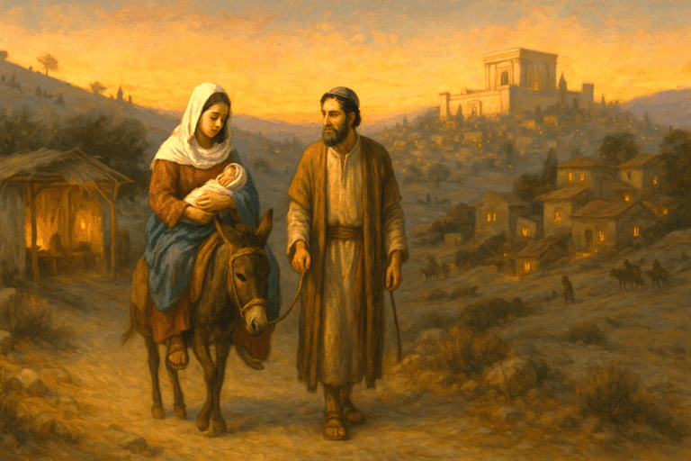 Joseph and Miriam with newborn Yeshua near Bethlehem during Sukkot, resting by a Sukkah with Jerusalem’s Temple glowing in the distance.