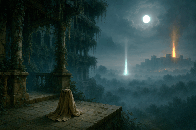 Moonlit Persian gardens and distant Babylon under silent fire in Cyrus’s prophetic dream.