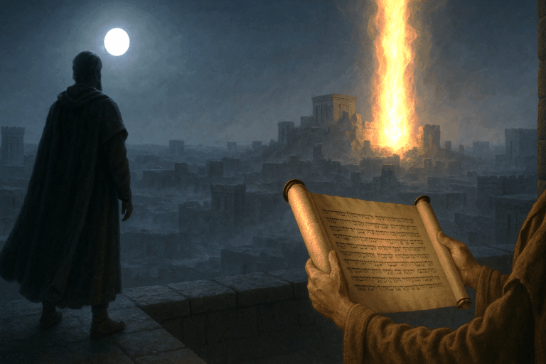Cyrus hears Isaiah’s prophecy as Babylon falls and a fiery vision of the Temple rises in the night.