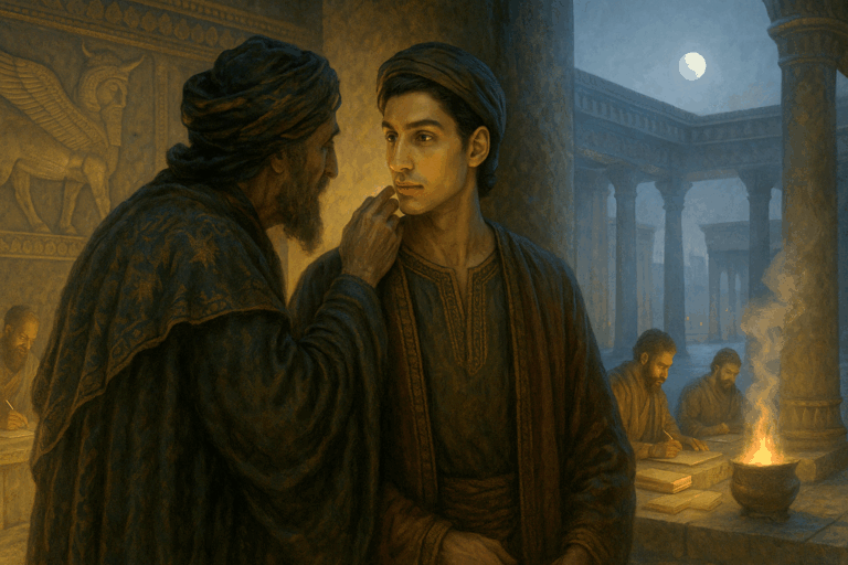 Agagite courtier mentors his ambitious son in a smoky Persian palace, plotting against returning Judeans after Cyrus’s decree.