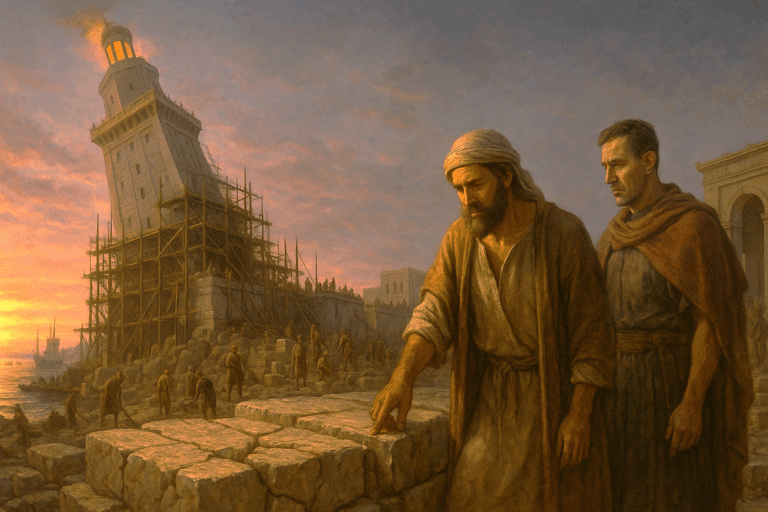 Joseph, a Jewish stonemason in Roman Alexandria, oversees repairs on the leaning Lighthouse of Pharos as the sun sets over the crowded harbor.