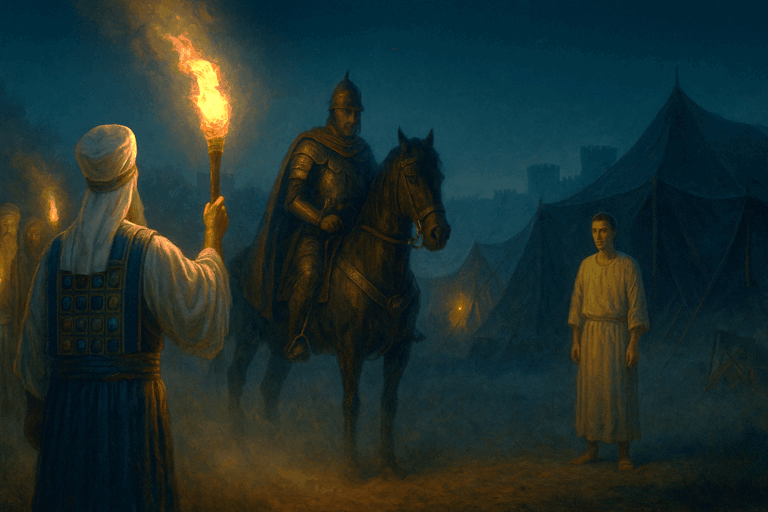 High Priest Jaddua meets Alexander by torchlight outside a quiet Macedonian camp as fog gathers and Jerusalem looms in the distance.