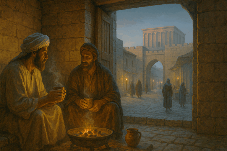 Ezra and Nehemiah share tea in a rebuilt Jerusalem, pondering a new Temple and a joyless people.