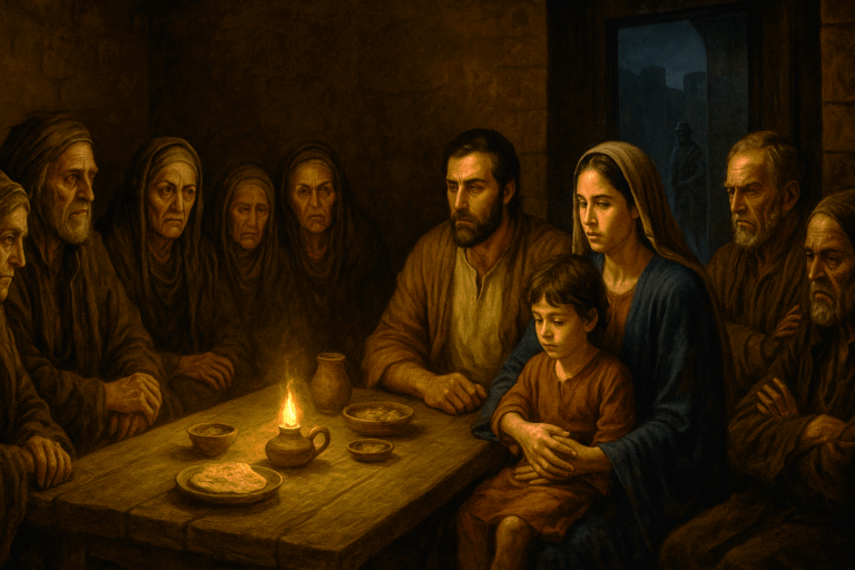 Joseph and Miriam return to Bethlehem with young Yeshua and face grieving relatives around a lamplit table, mourning children lost to Herod’s massacre.