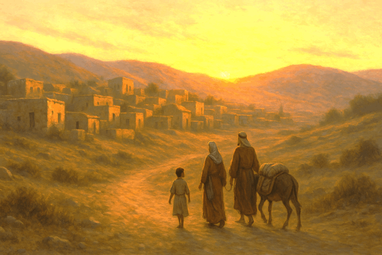 Family with young Yeshua walking toward the humble village of Nazareth at dawn, symbolizing hope and redemption in an overlooked town.