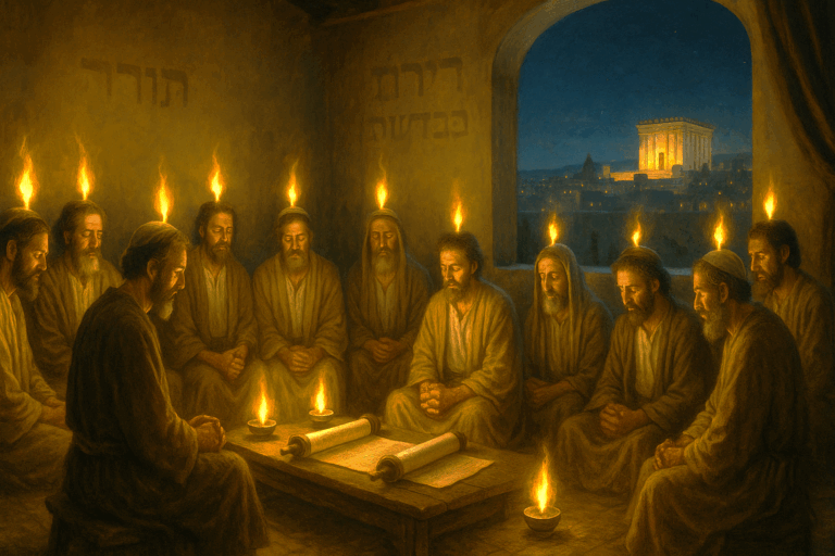 Disciples in an upper room on Shavuot with tongues of fire and open Torah scrolls.