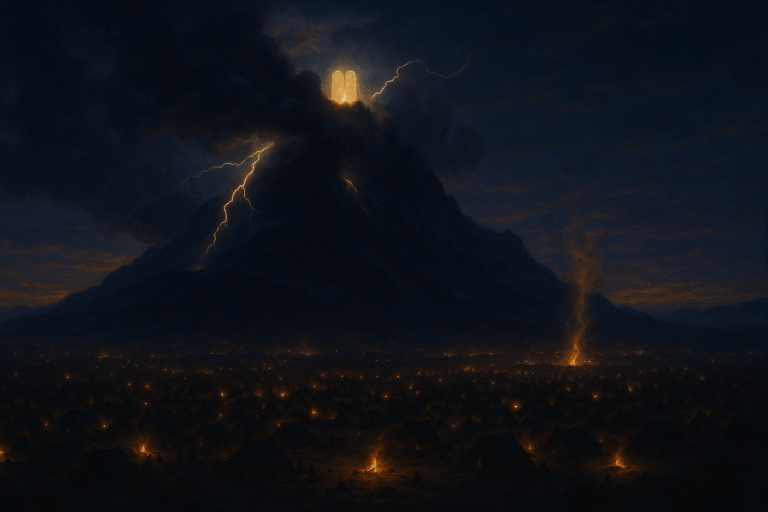 Mount Sinai at twilight with campfires below and storm clouds above, lightning touching the summit