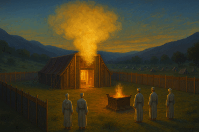 Spring twilight at the Tabernacle as a golden cloud descends and priests stand in reverent silence.