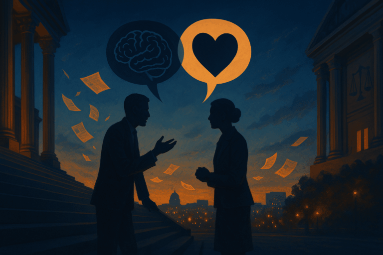 Debate at dusk where heart and brain symbols reveal how emotions shape reasoning