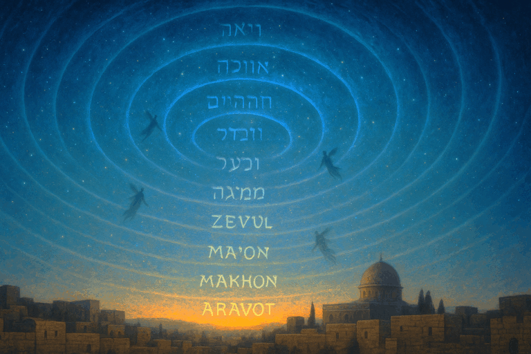 Seven concentric heavens over Jerusalem at twilight with subtle angelic ascent