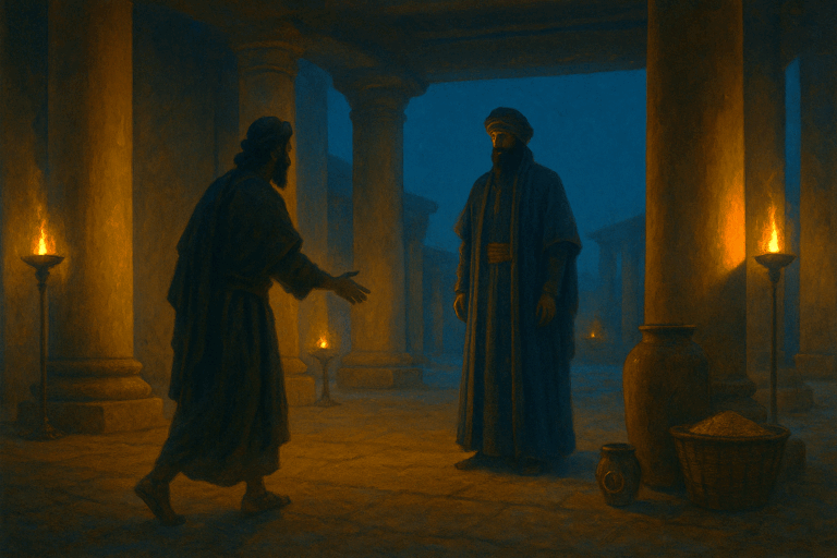 Judah approaches Joseph; oil lamps glow in an Egyptian hall as revelation and mercy unfold in Vayigash.