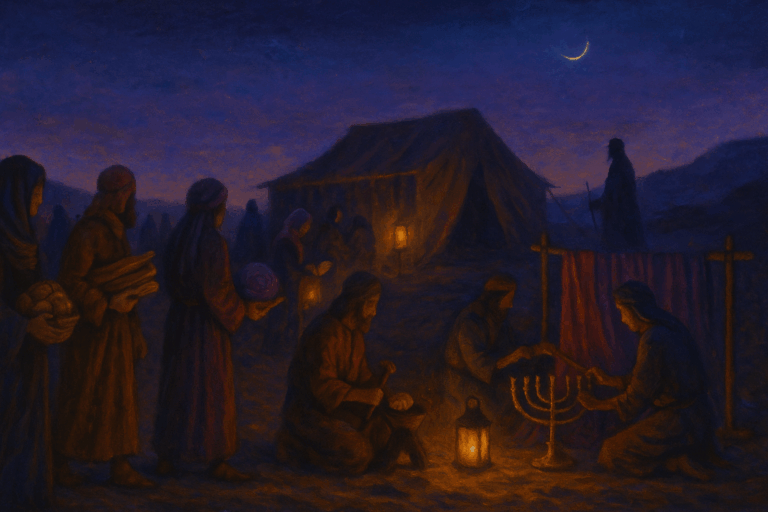 Israel assembles at twilight, bringing gifts to build the Mishkan as artisans craft menorah and curtains near the Tent of Meeting.