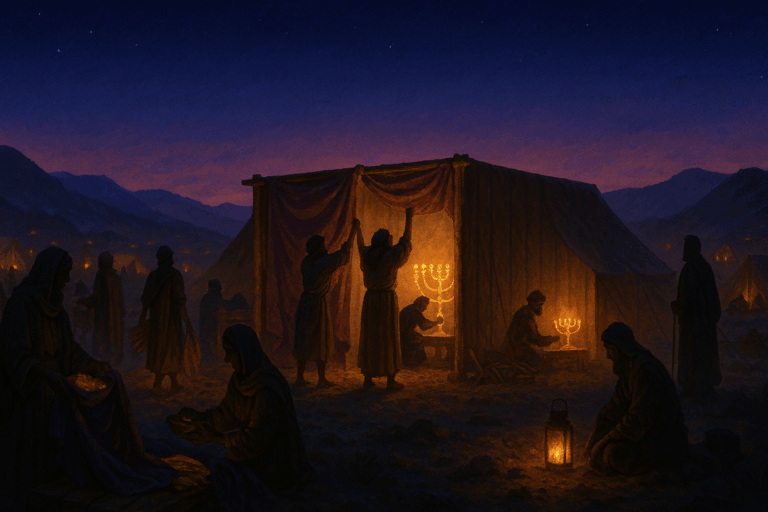 Vayak’hel—Israel gathers at dusk to bring gifts and build the Mishkan in the Sinai wilderness.