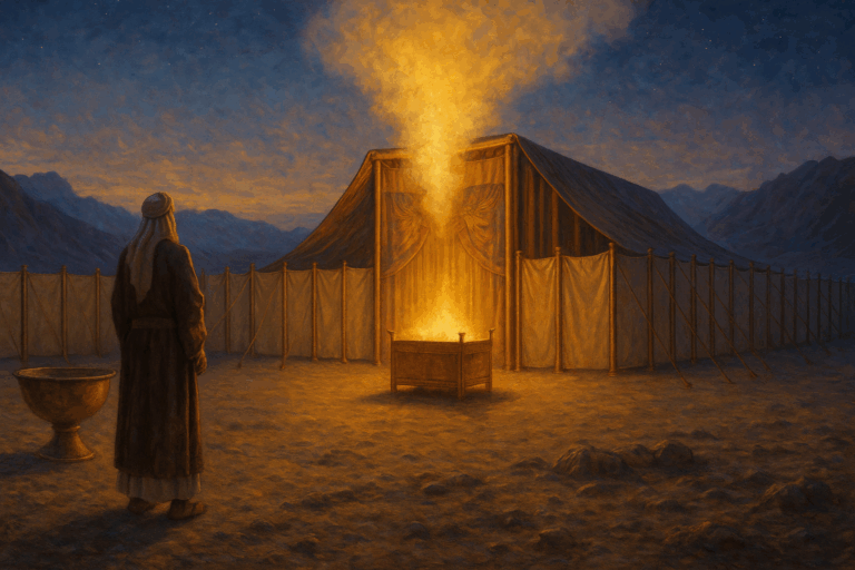 Cloud of Glory descending on the freshly completed Tabernacle at twilight in the Sinai wilderness.