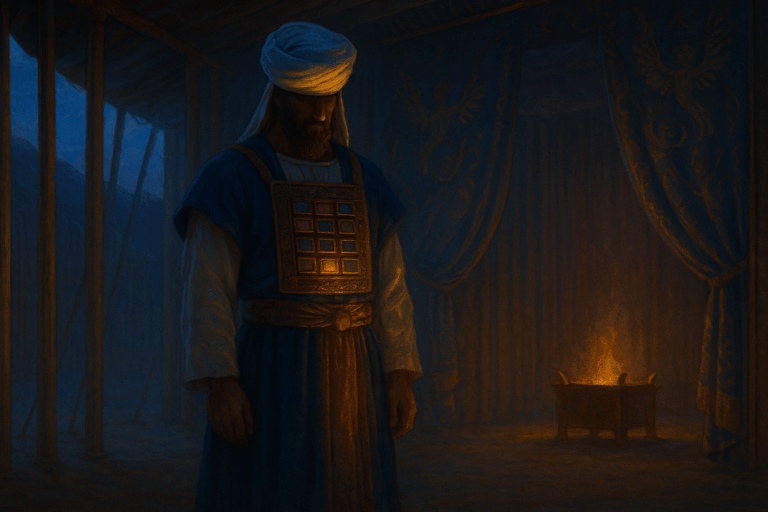 High Priest with jeweled breastplate at twilight, Urim and Tumim glowing over his heart in the desert Tabernacle.