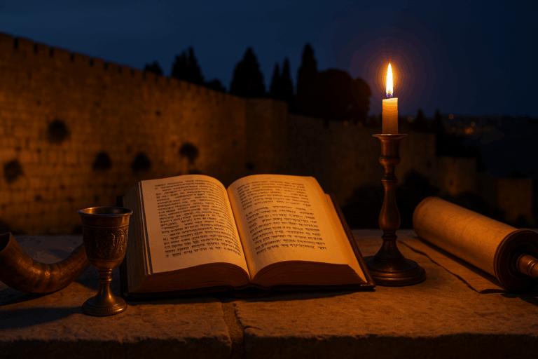 Kol Nidre evening mood—open machzor, shofar, and silver cup in warm lamplight against deep indigo sky.
