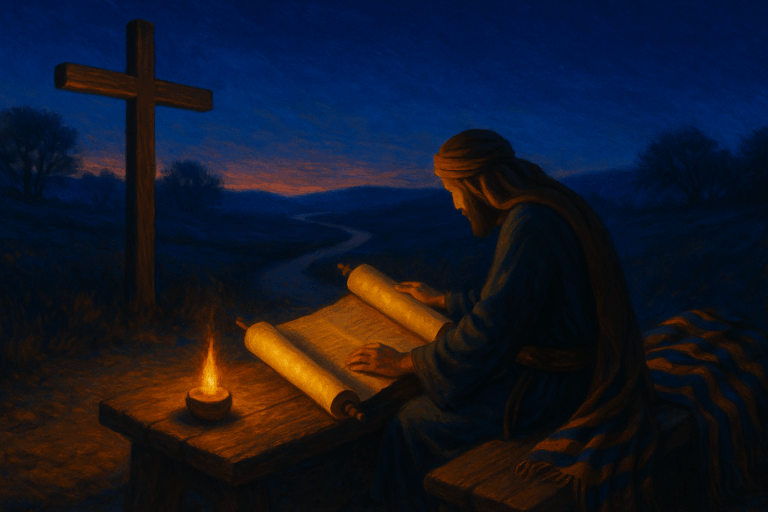Kislev twilight scene with Hebrew scroll, olive-wood cross-beam, and Joseph’s cloak, symbolizing reconciliation between Judaism and Yeshua’s disciples.
