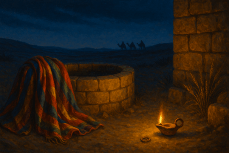 Joseph’s multicolored cloak beside an empty cistern at twilight with a distant caravan on an indigo desert horizon.