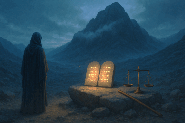 Sinai at twilight with glowing tablets and a balanced scale symbolizing Mishpatim’s call to justice and mercy.