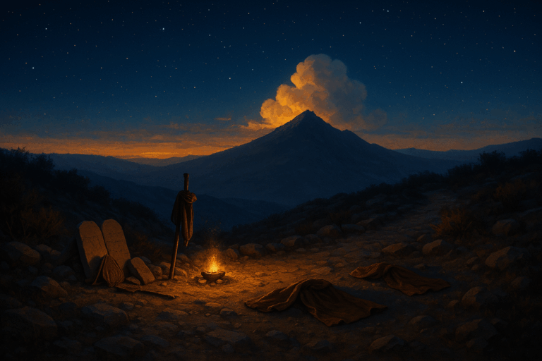 Radiant mountain cloud over a Judean ridge with symbols of Moses and Elijah, suggesting the Transfiguration without depicting faces