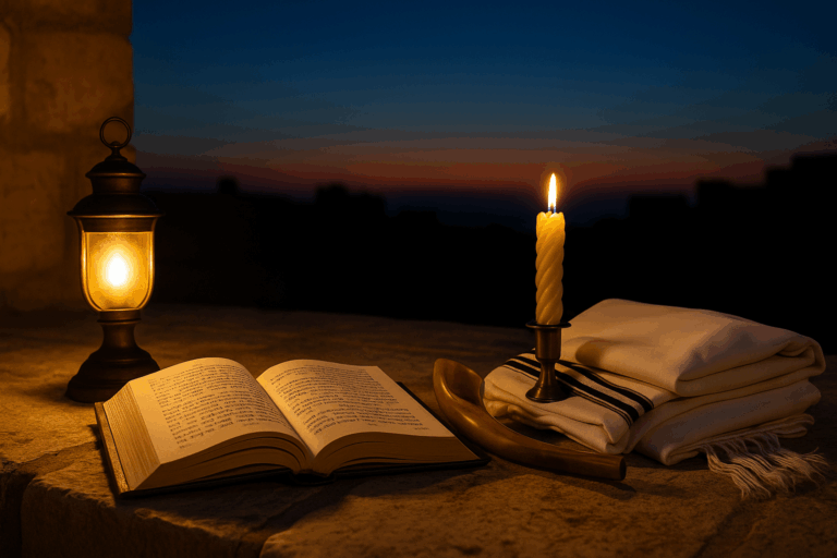 Yom Kippur twilight with open machzor, folded tallit, and resting shofar on Jerusalem stone.
