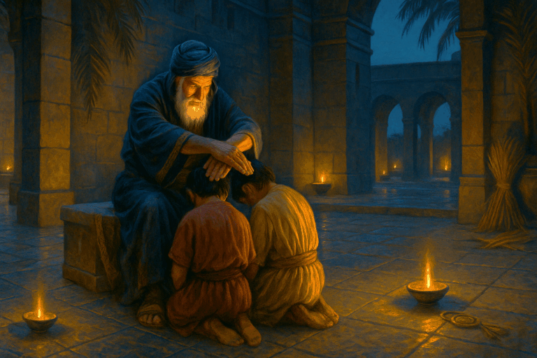 Jacob crosses his hands to bless Ephraim and Manasseh at twilight in ancient Egypt.