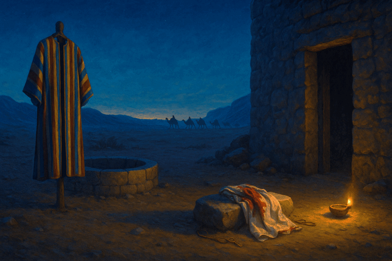 Vayeshev—Joseph’s robe by an empty cistern and a desert prison doorway at Kislev twilight, hinting at Judah’s signet and the coming reconciliation.