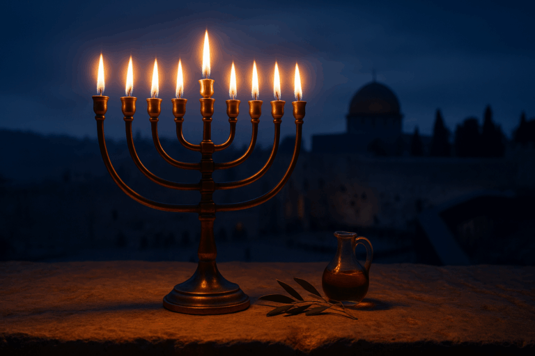 Chanukiyah glowing on Jerusalem stone at winter twilight with an oil jar and olive branch.